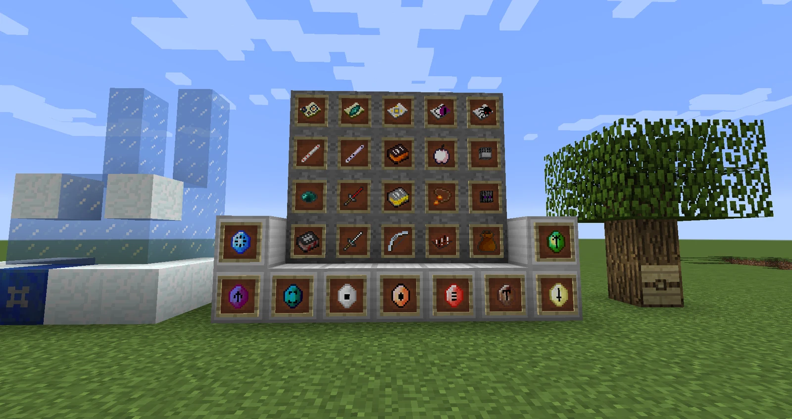 Minecraft display showing modded items and guide-related content