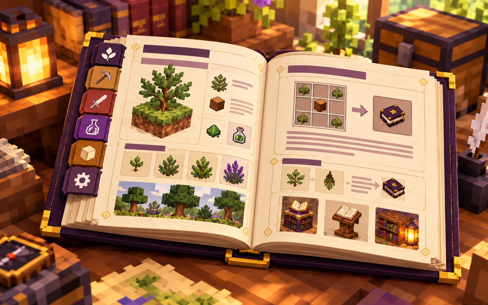 Patchouli Mod guidebook with category tabs, item entries and crafting recipes