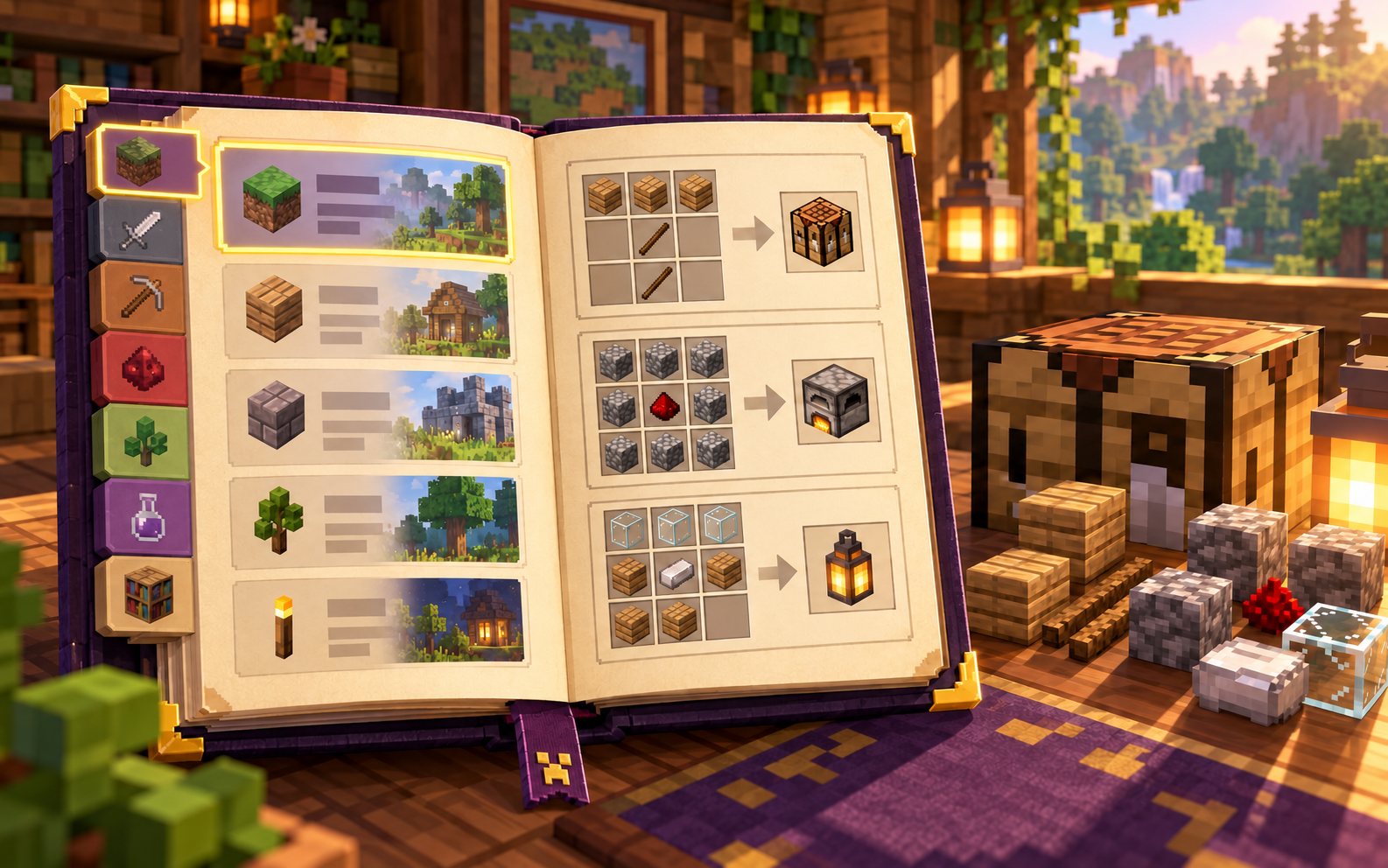 Guide book with highlighted category tabs and illustrated recipes beside a crafting table