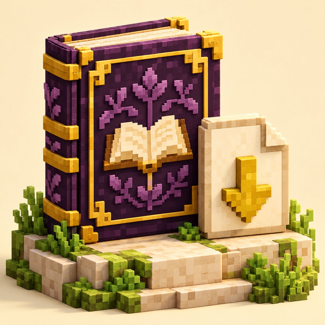 Plum voxel guide book beside a file tile with a download arrow