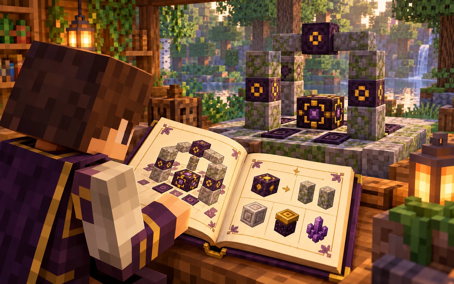 Minecraft-style player following a guide book diagram to build a multiblock structure